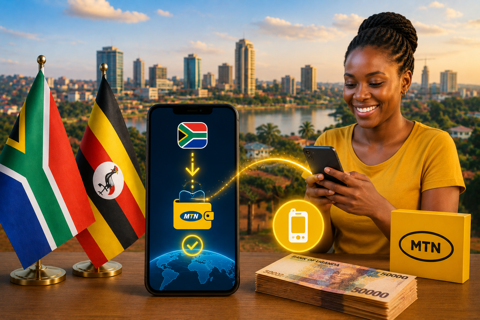 South Africa to MTN Uganda featured image showing the South African and Ugandan flags, smartphone money transfer, MTN Mobile Money wallet, Ugandan banknotes and cross-border payment concept.