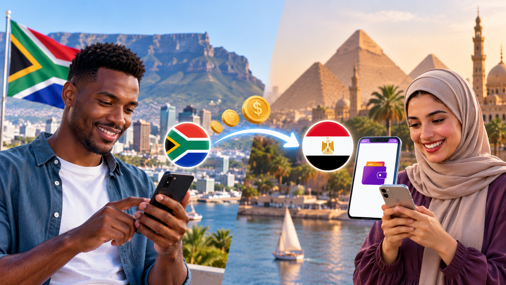 Sending money from South Africa to a Meeza wallet in Egypt via mobile transfer.