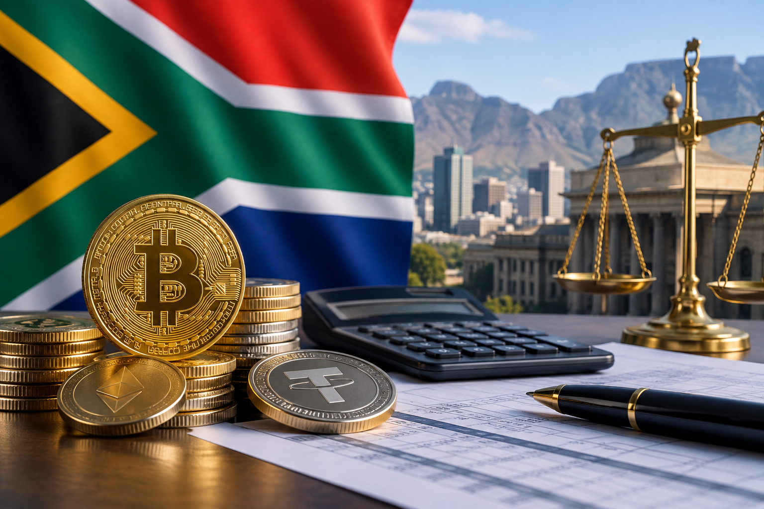 South African flag behind cryptocurrency coins, a calculator, financial documents and justice scales representing crypto taxation and regulation in South Africa.