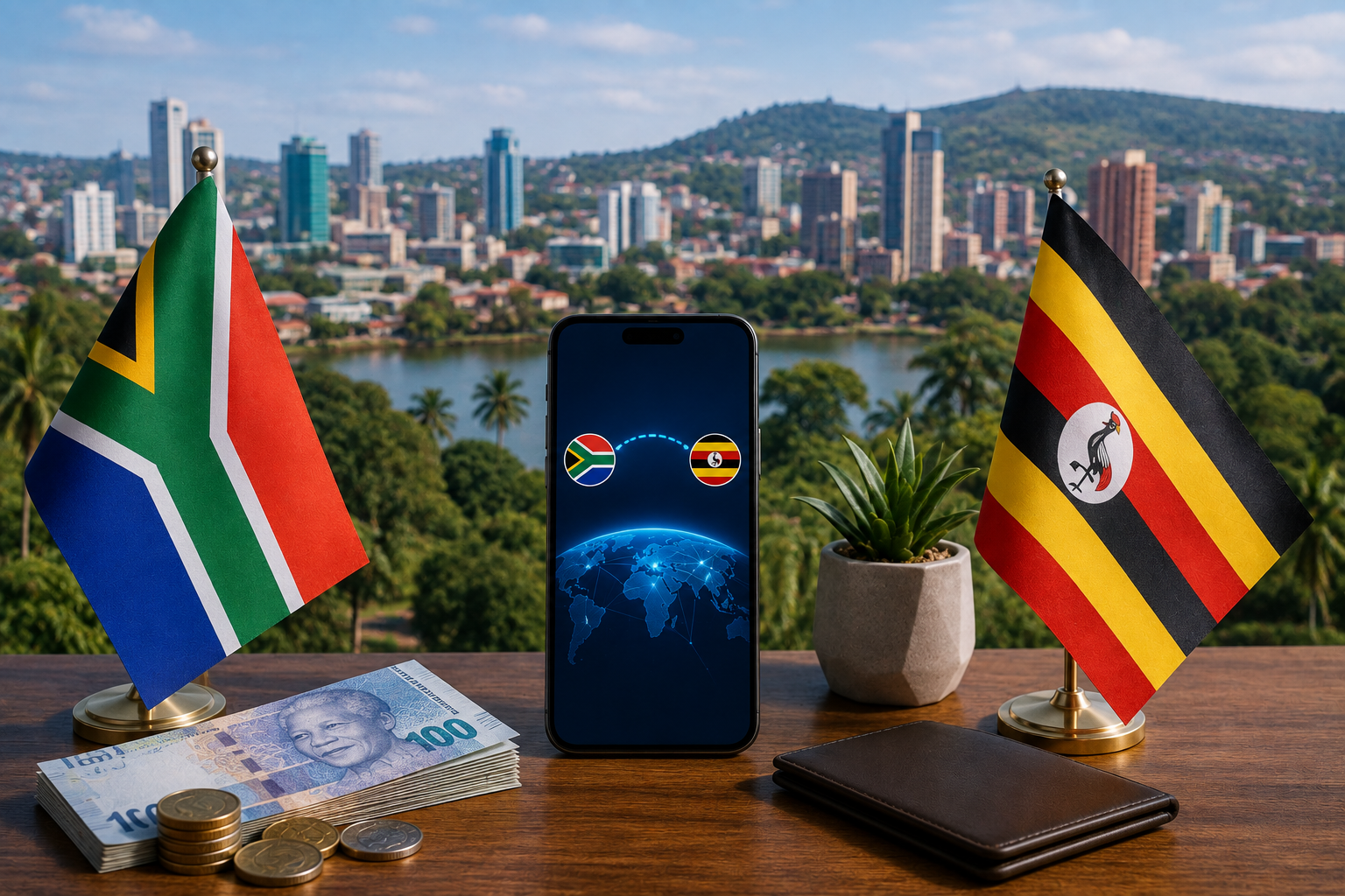 South Africa to Uganda money transfer featured image showing the South African and Ugandan flags, smartphone digital transfer, Ugandan skyline, bank and mobile-money payment concept.