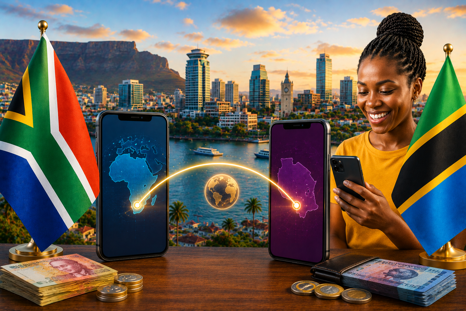 South Africa to Tigo Pesa Tanzania featured image showing the South African and Tanzanian flags, smartphones connected by a glowing digital transfer route, Tanzanian city skyline, cash and cross-border mobile-money concept.