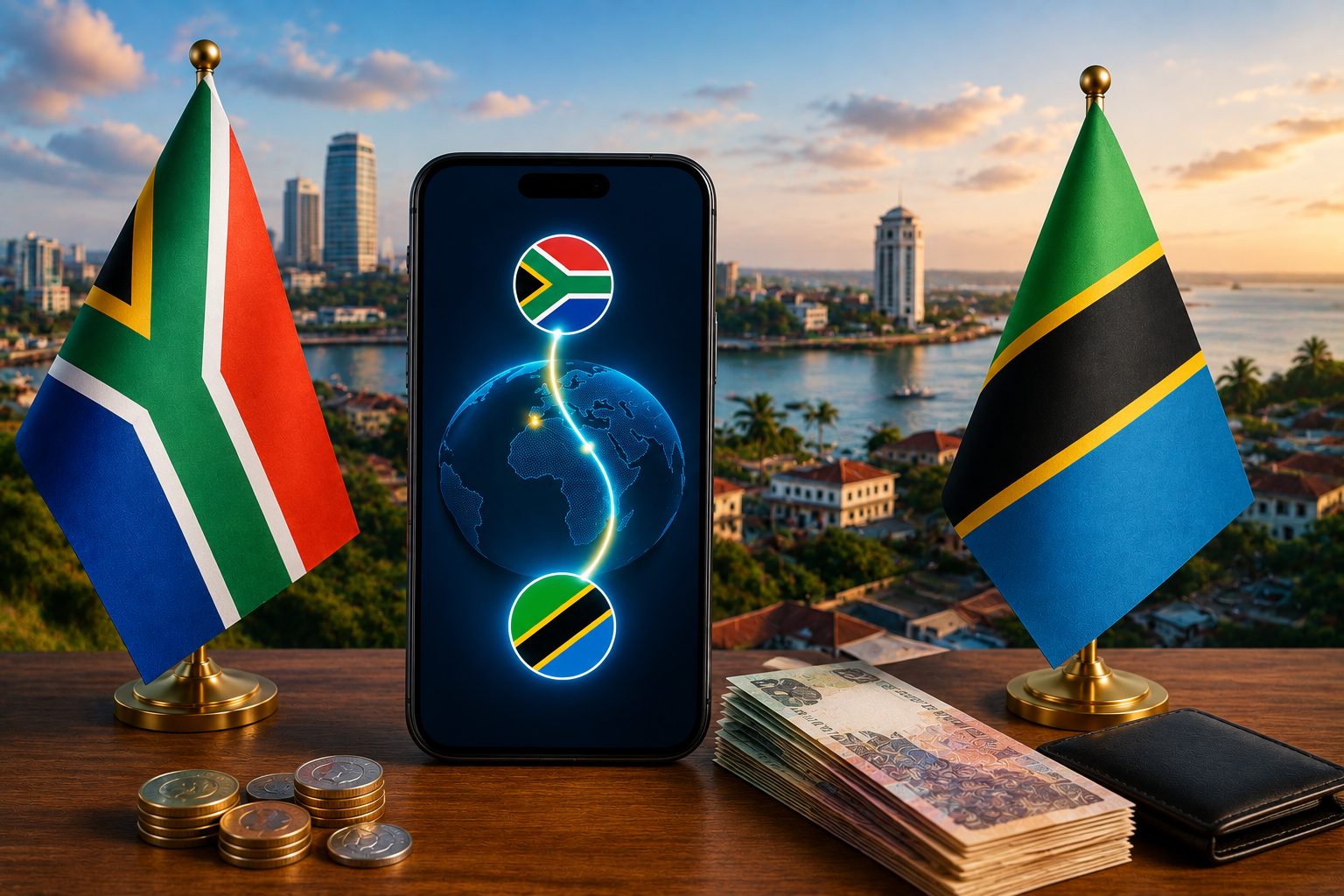 South Africa to Tanzania money transfer featured image showing the South African and Tanzanian flags, smartphone digital transfer, Tanzanian skyline, currency and cross-border payment concept.