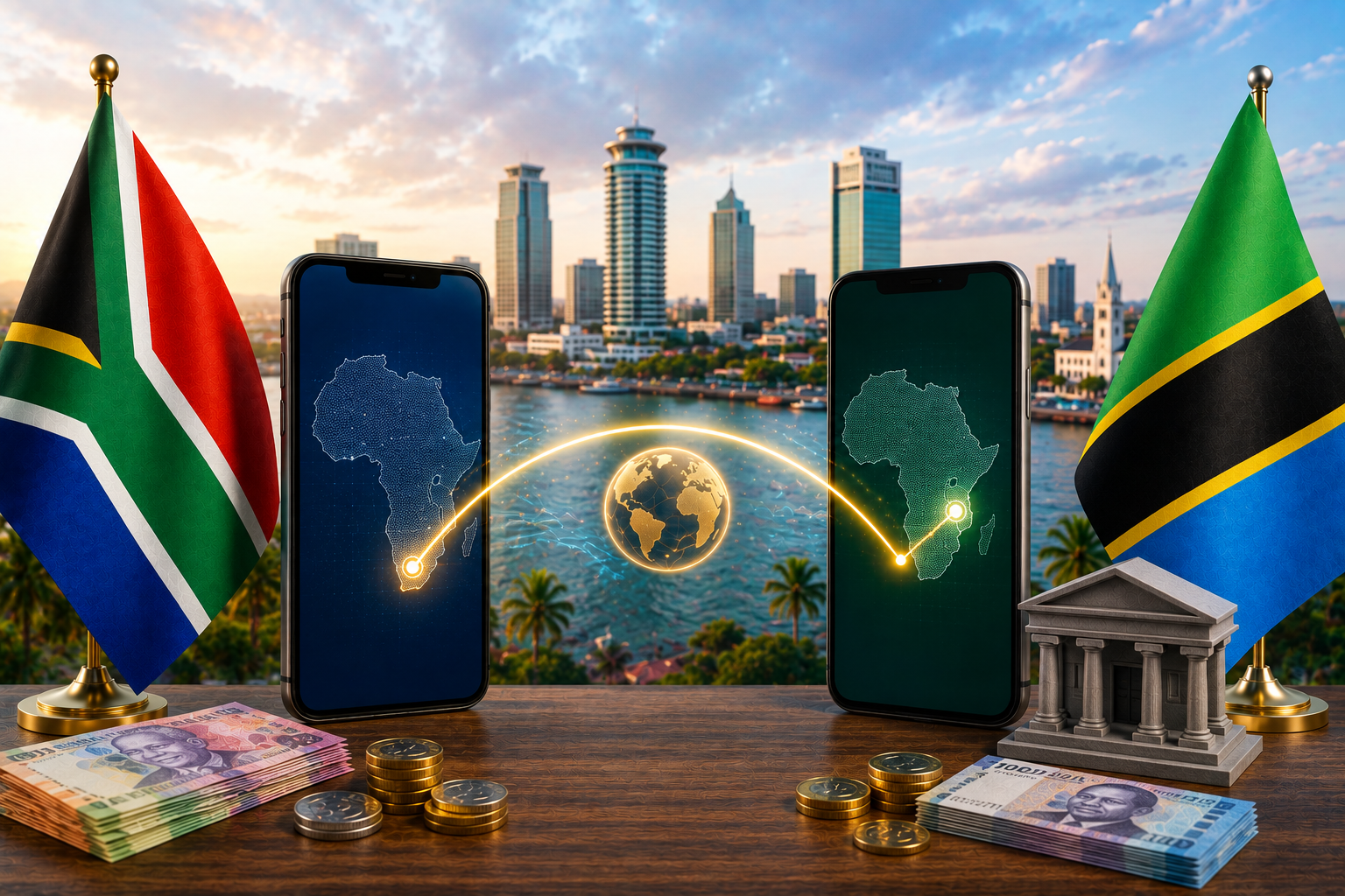 South Africa to Tanzania bank transfer featured image showing the South African and Tanzanian flags, smartphones displaying bank-transfer symbols, digital payment connection, Tanzanian city skyline and currency.