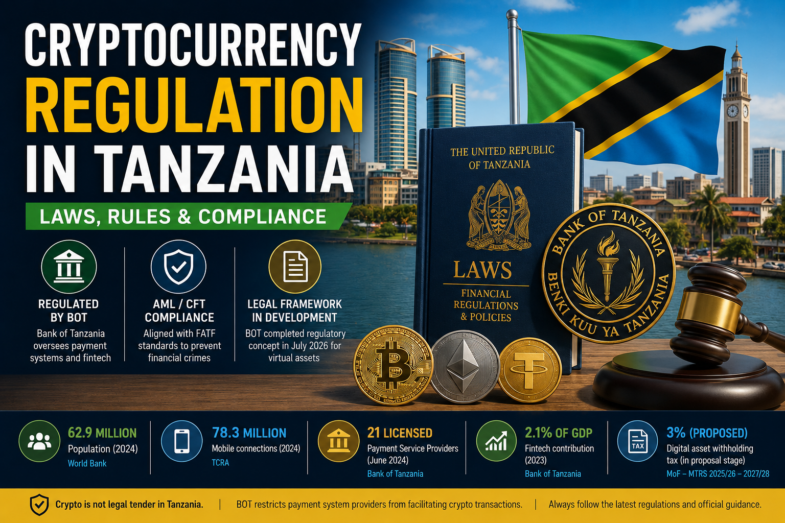 Tanzania cryptocurrency regulation illustration featuring the Tanzanian flag, Dar es Salaam skyline, Bank of Tanzania, legal framework, compliance symbols, Bitcoin, Ethereum, stablecoins and a judge's gavel.