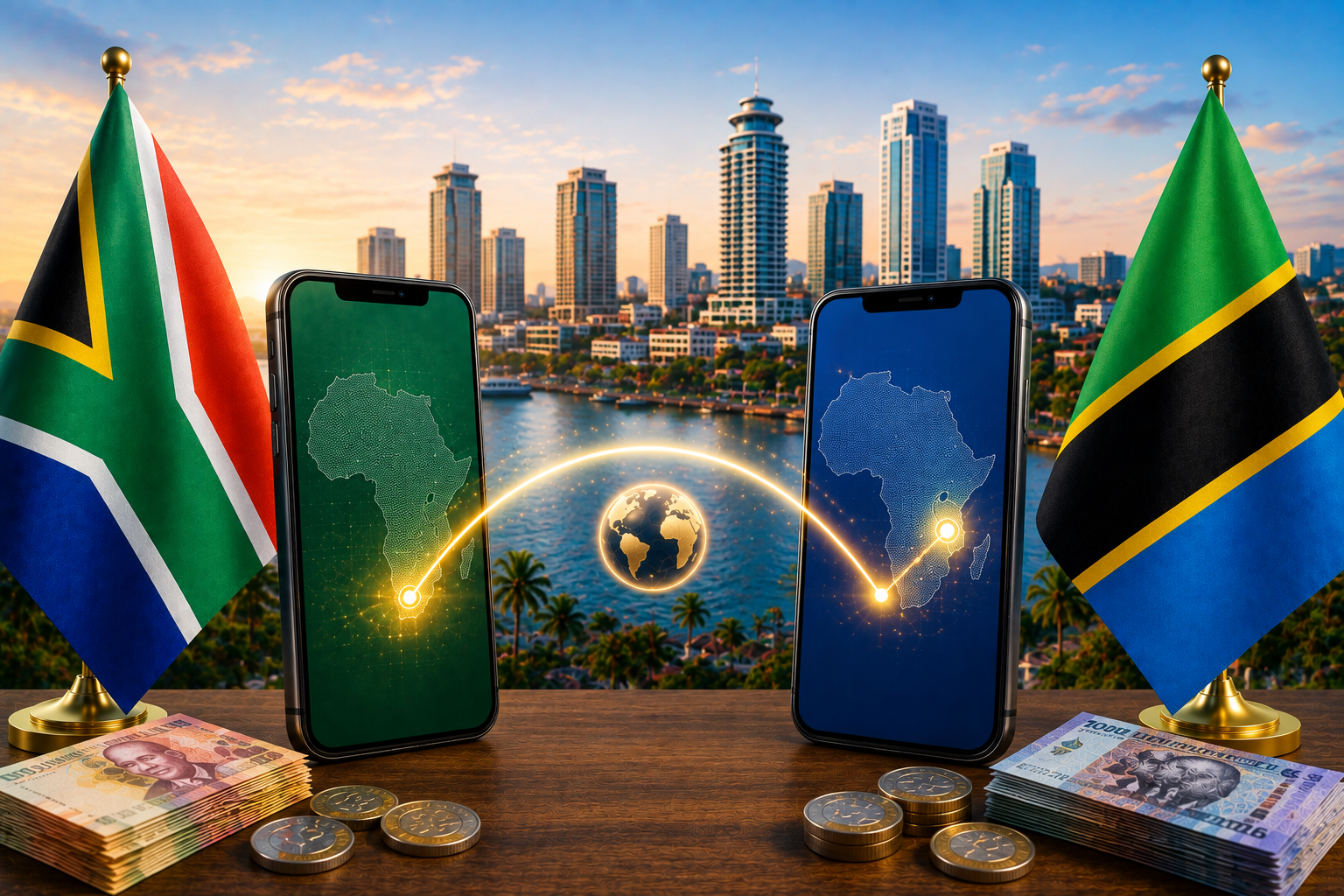 South Africa to Ezy Pesa Tanzania featured image showing South African and Tanzanian flags, smartphones connected by a glowing digital transfer route, Tanzanian city skyline, cash and cross-border mobile-money concept