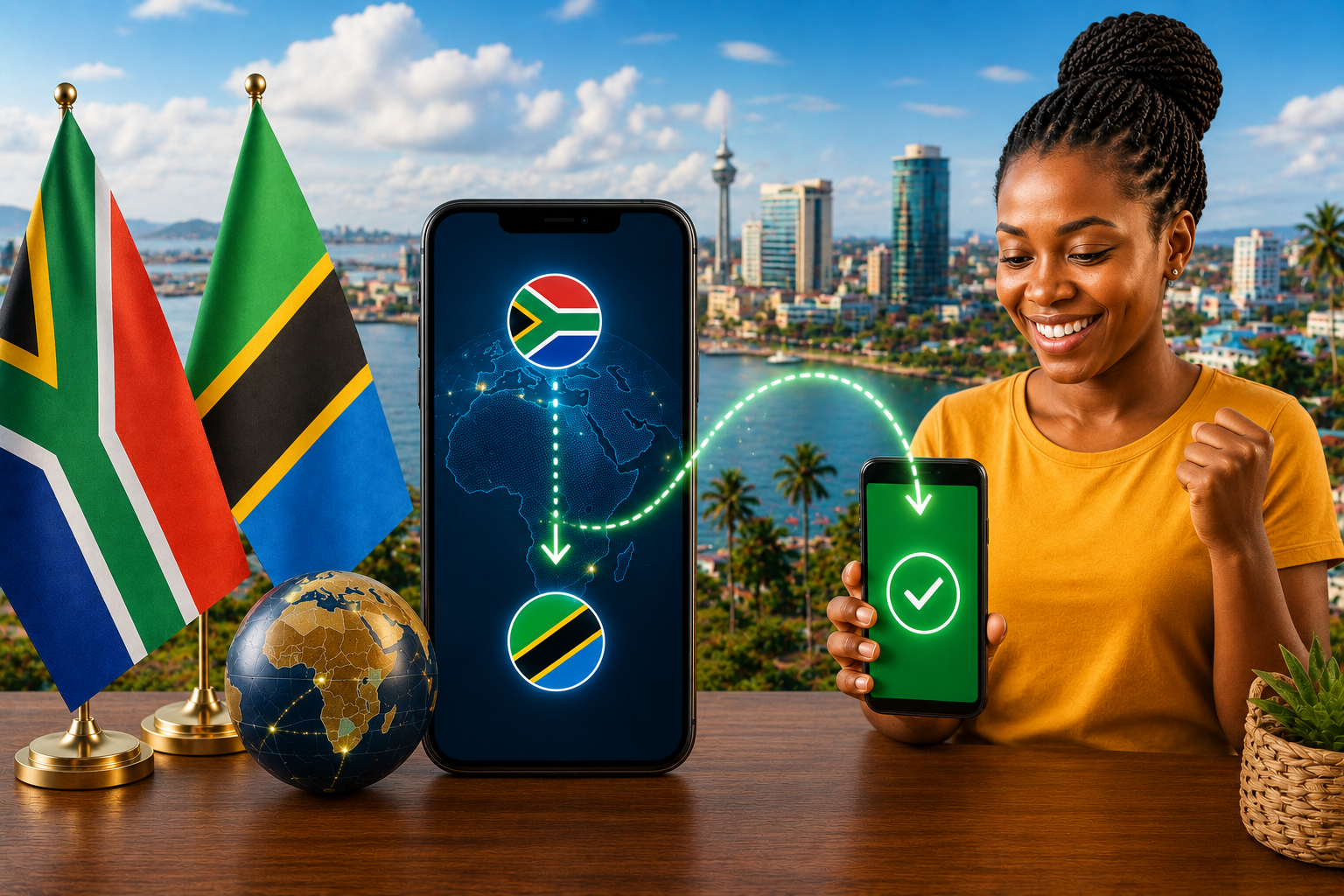 Illustration accompanying a guide to sending money from South Africa to Tanzania via M-Pesa.