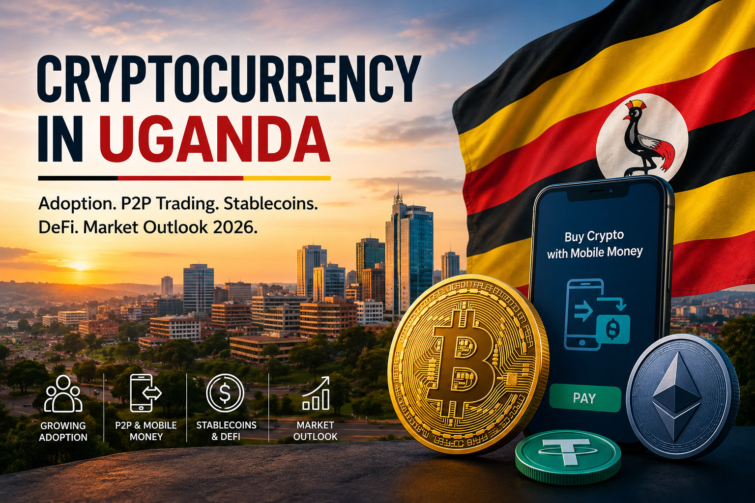 Cryptocurrency in Uganda illustration showing Bitcoin, stablecoins, blockchain technology and Uganda’s growing digital financial ecosystem.