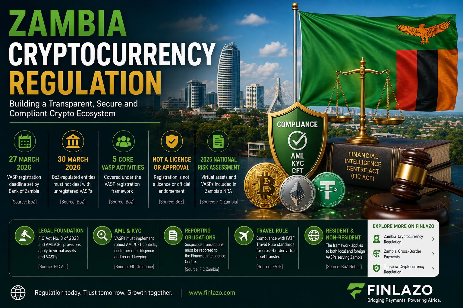 Zambia cryptocurrency regulation infographic featuring the Zambian flag, Lusaka skyline, Bitcoin, Ethereum, stablecoins, VASP registration, AML, KYC, compliance and financial regulation